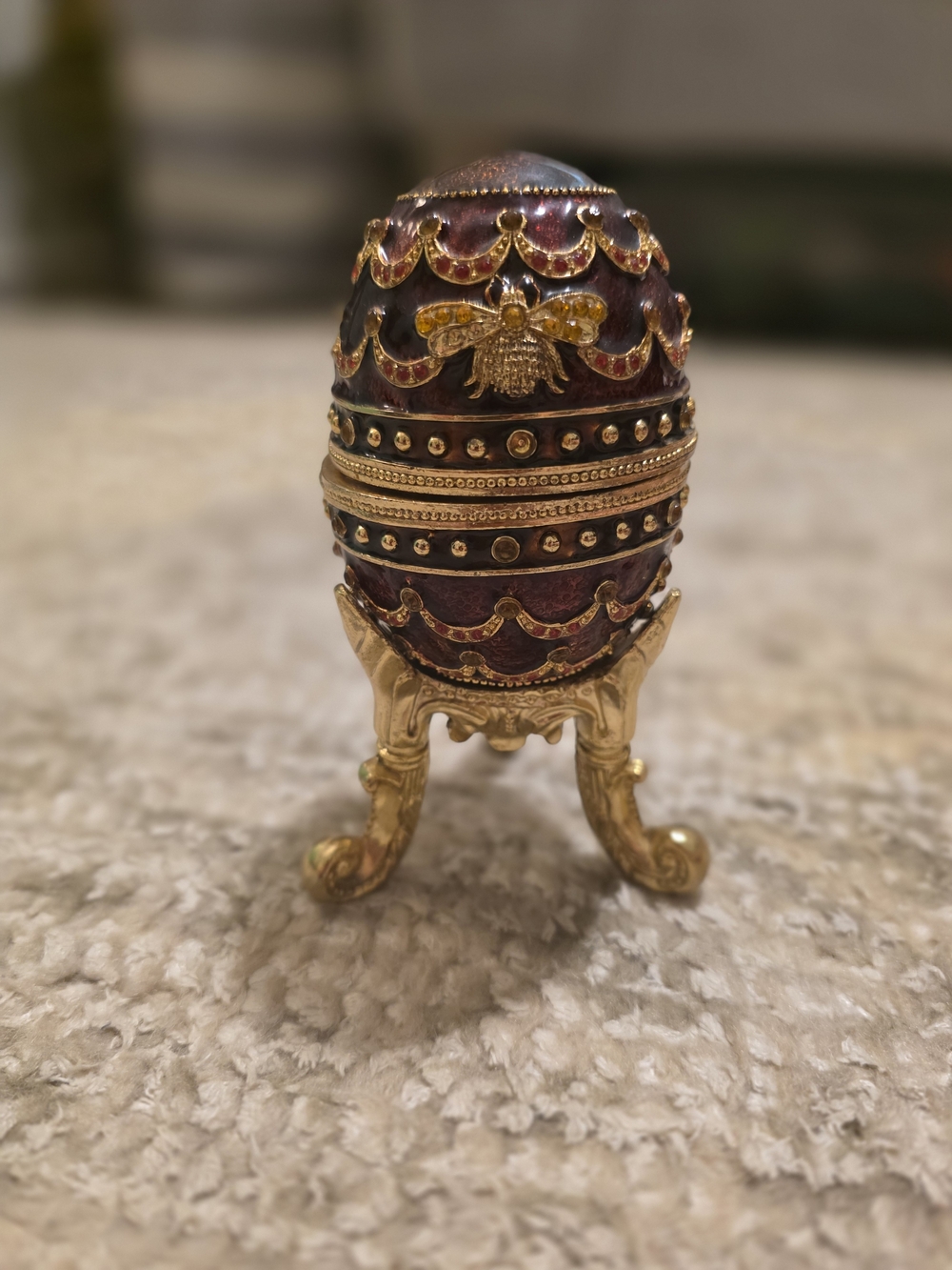 Ornate Burgundy and Gold Decorative Egg Accent